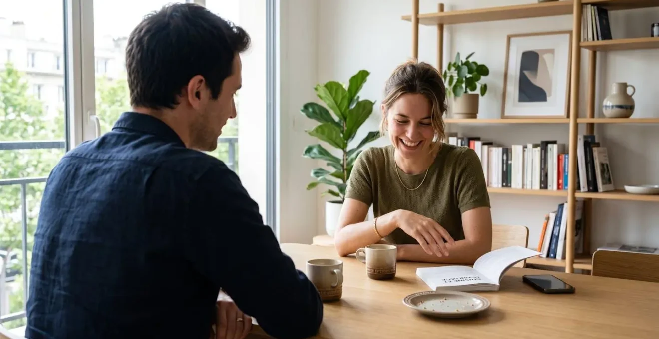 Un couple consulte une tablette affichant une carte de la Méditerranée dans un salon contemporain baigné de lumière naturelle