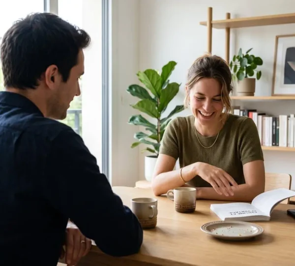 Un couple consulte une tablette affichant une carte de la Méditerranée dans un salon contemporain baigné de lumière naturelle
