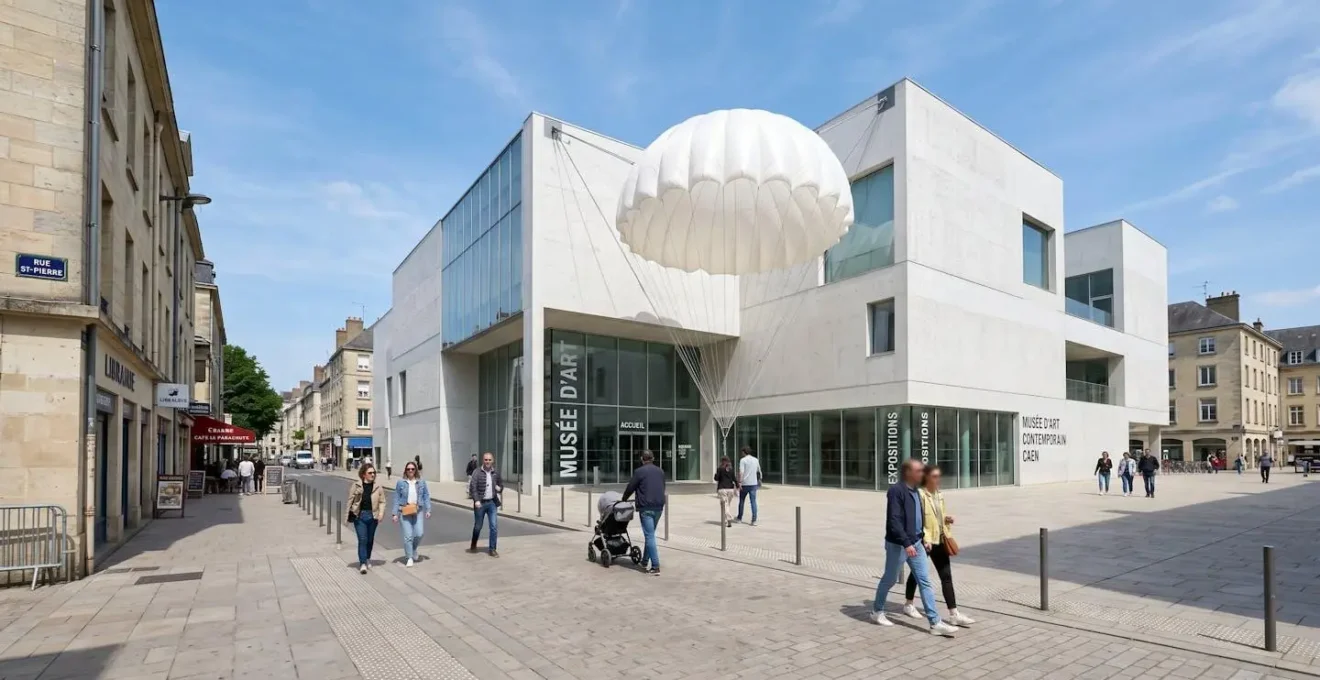 Façade moderne de l'Airborne Museum avec son parachute emblématique suspendu devant le bâtiment principal à Sainte-Mère-Église par temps ensoleillé
