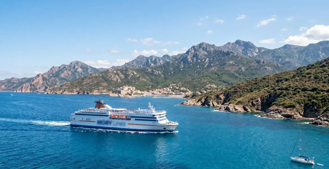 Un ferry moderne navigue sur une mer méditerranéenne d'un bleu profond avec une côte montagneuse corse en arrière-plan