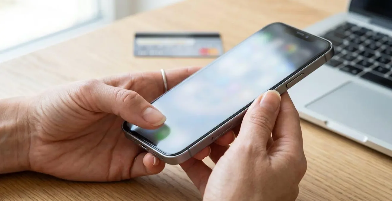 Des mains manipulent un smartphone moderne sur une surface en bois clair avec une carte bancaire et un clavier d'ordinateur floutés en arrière-plan