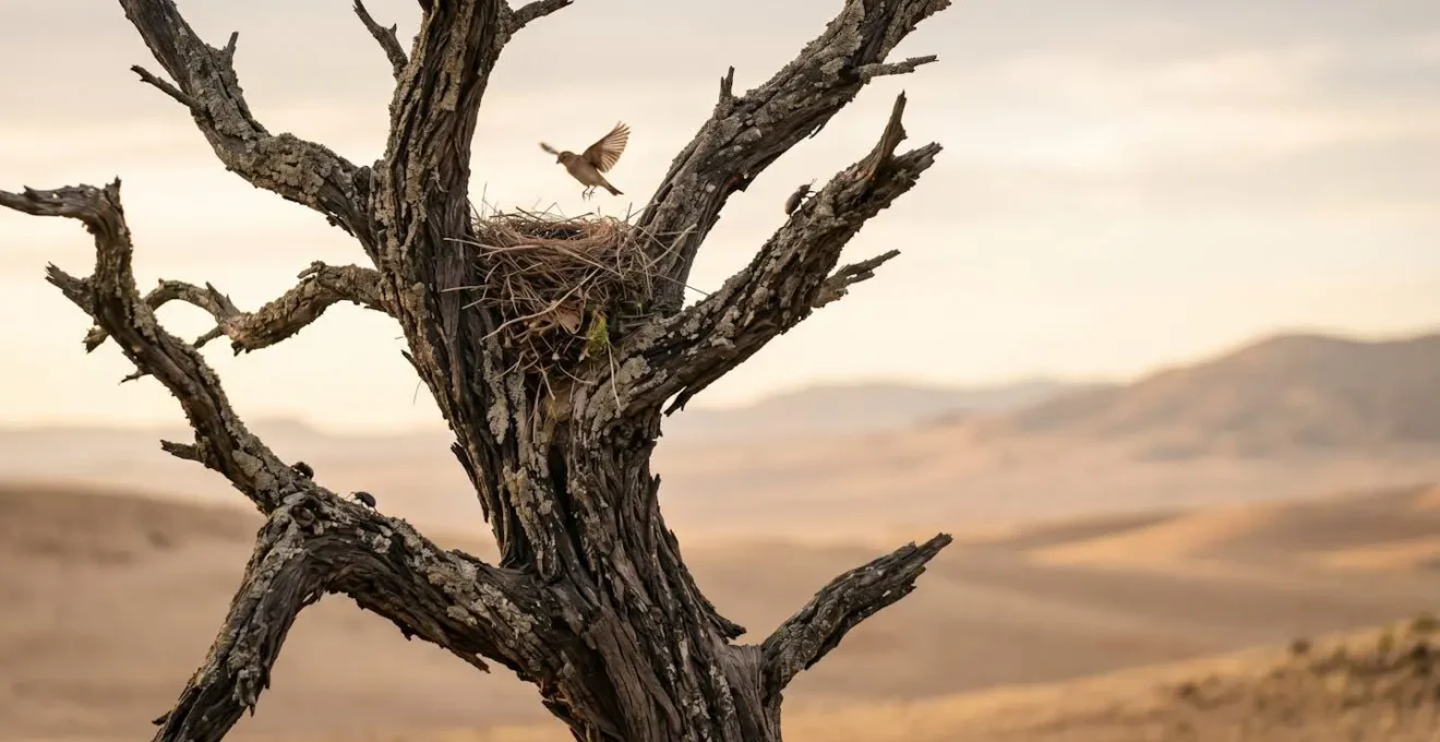 Vieil arbre du désert centenaire abritant un écosystème mature avec niches écologiques spécifiques pour la faune