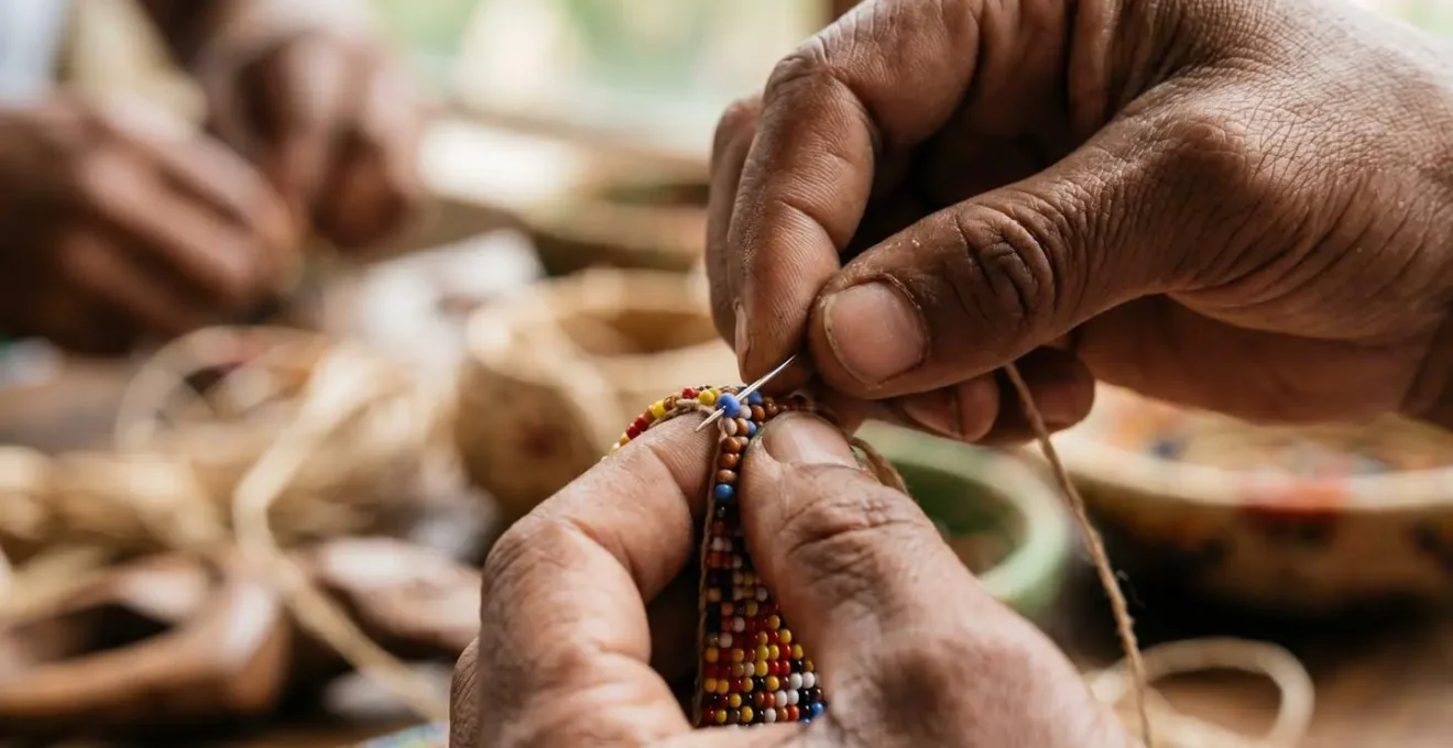 Artisan San travaillant un objet artisanal traditionnel, valorisant le savoir-faire et le commerce équitable