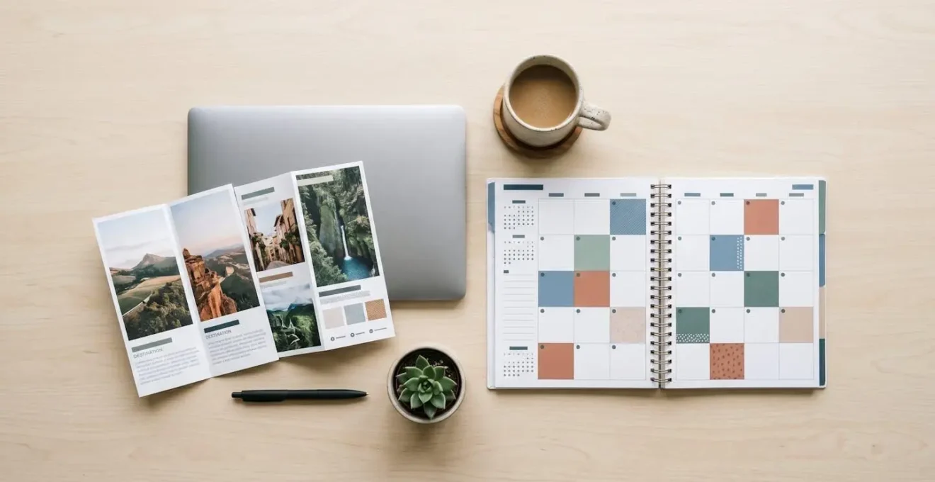 Vue minimaliste d'un agenda ouvert avec plusieurs mois visibles et notes de réservation