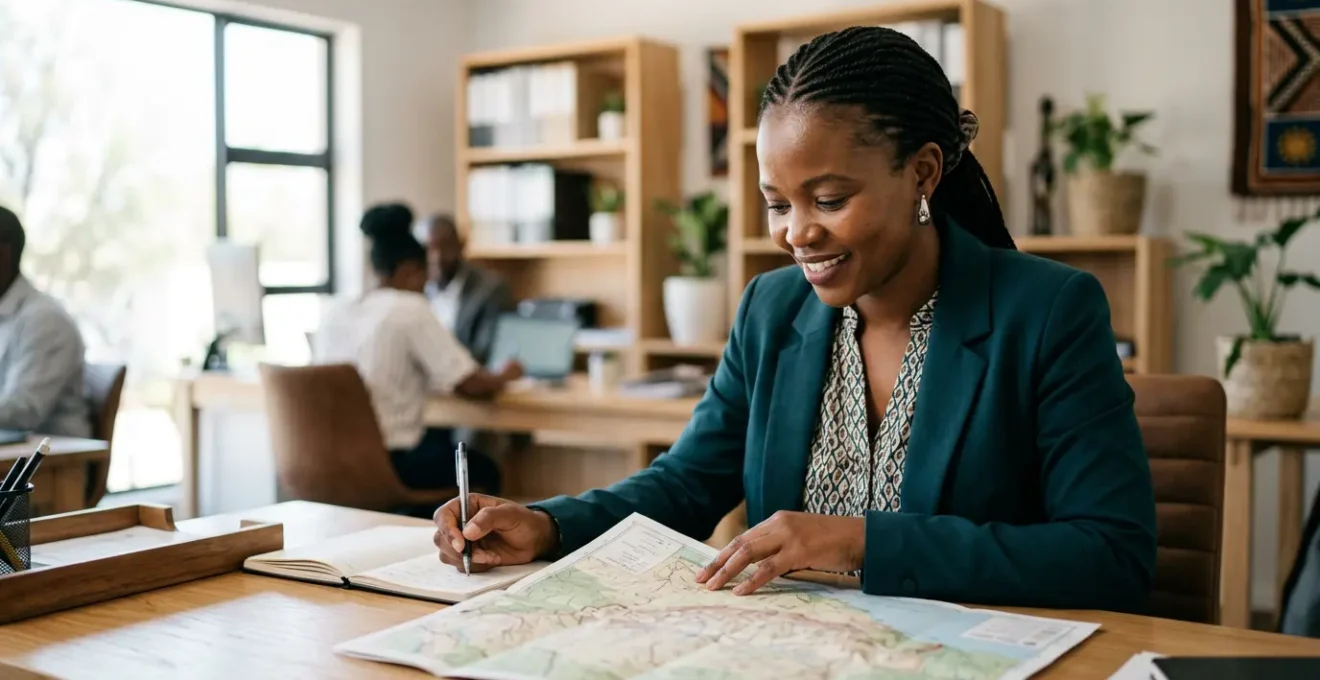 Professionnel du tourisme travaillant dans un bureau d'agence locale africaine avec des cartes et documents de voyage