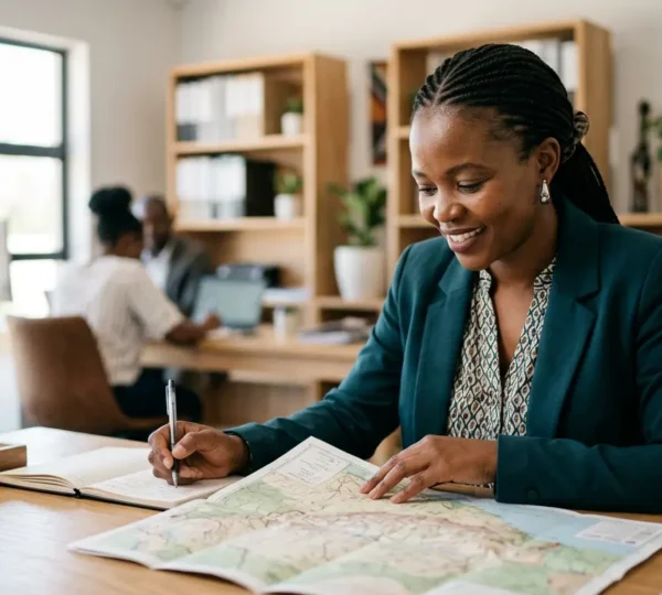 Professionnel du tourisme travaillant dans un bureau d'agence locale africaine avec des cartes et documents de voyage