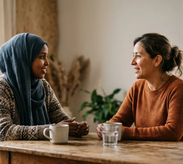 Personne en situation d'échange interculturel avec attention portée au langage non-verbal et à l'écoute