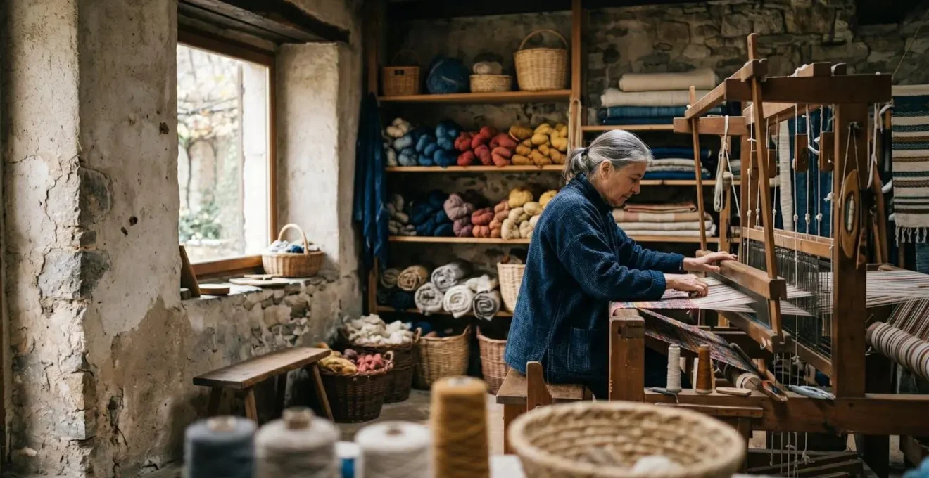 Scène intimiste d'un commerce local traditionnel avec artisan au travail et produits authentiques
