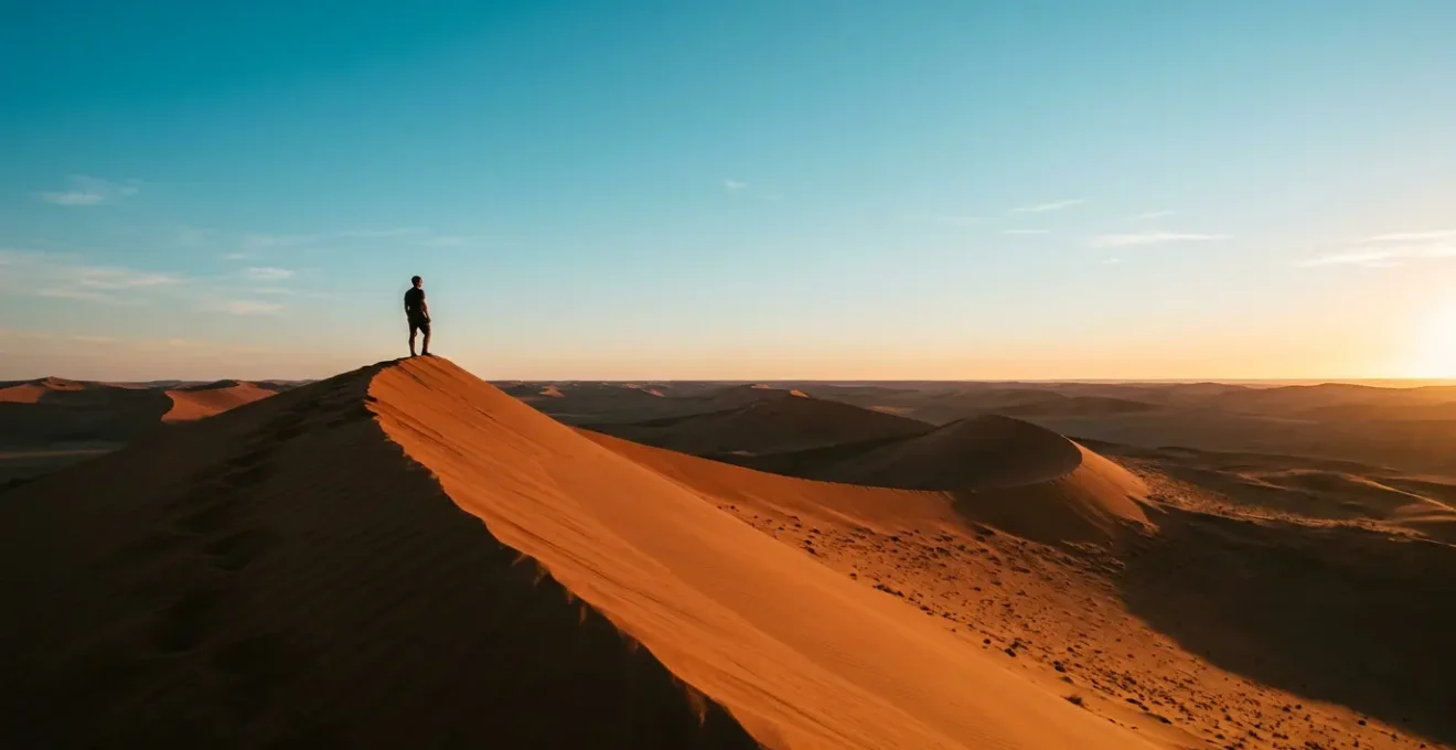 Silhouette humaine contemplant l'horizon infini du désert namibien au crépuscule