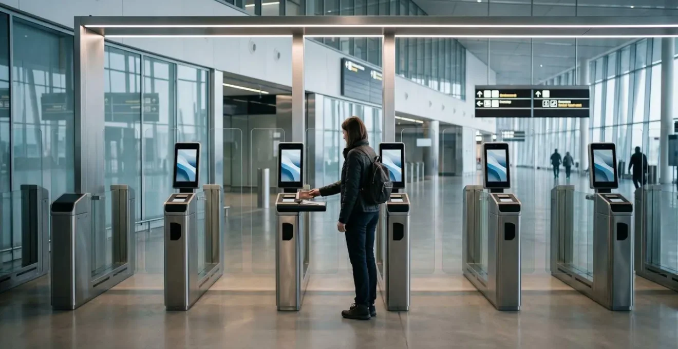 Portique de contrôle biométrique automatisé dans un aéroport moderne avec voyageur utilisant le système