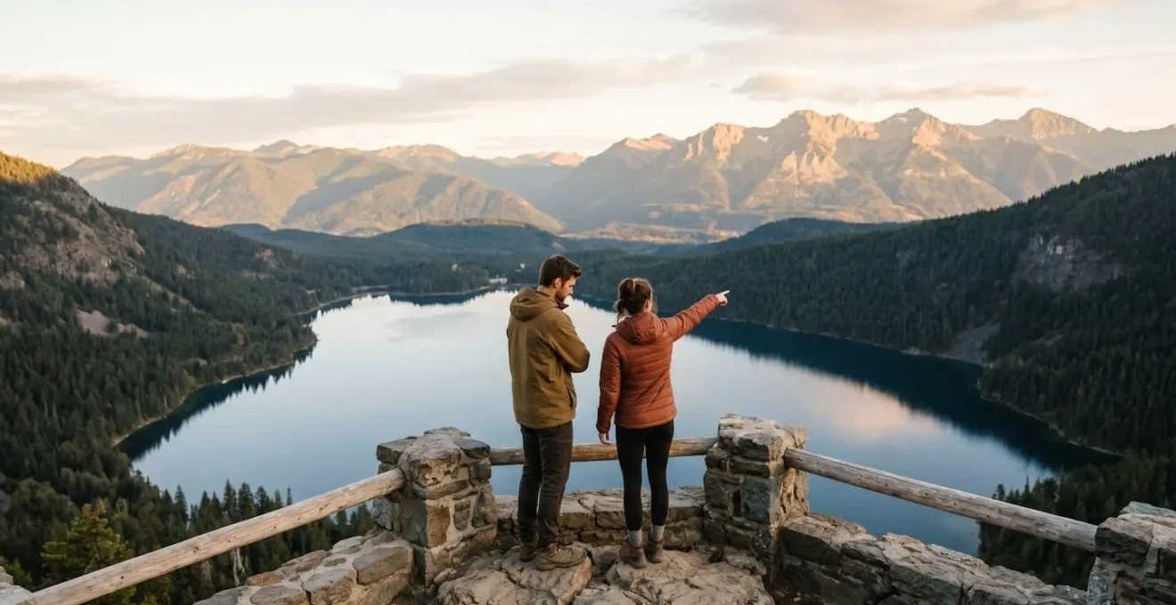 Couple partageant un moment contemplatif dans un paysage naturel symbolisant l'équilibre entre aventure et détente