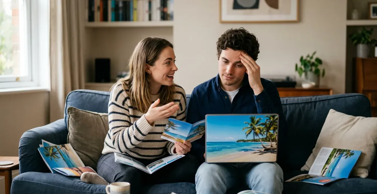 Couple partagé entre excitation et anxiété face à des brochures de destinations de lune de miel