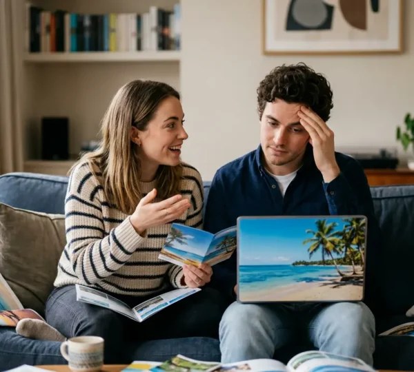 Couple partagé entre excitation et anxiété face à des brochures de destinations de lune de miel