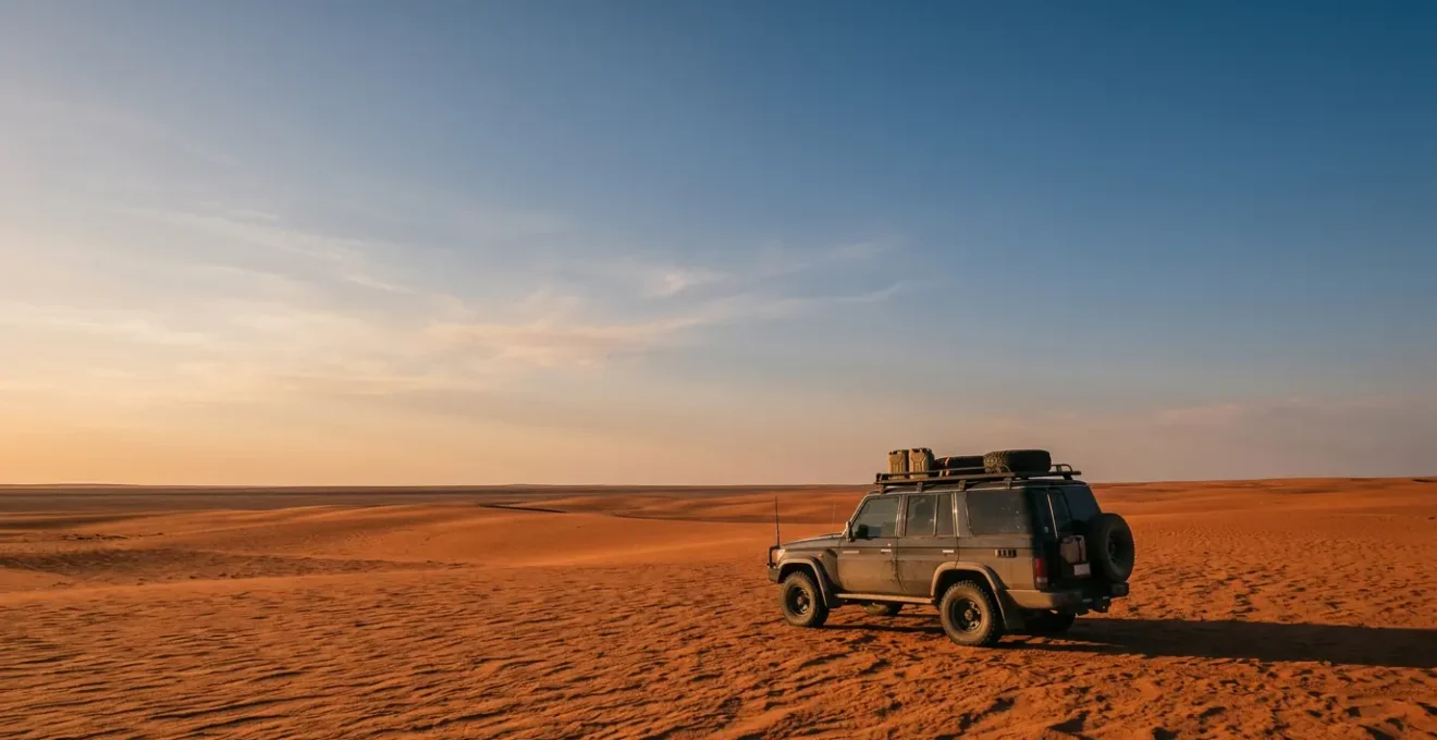 Véhicule 4x4 équipé dans le désert namibien sous un ciel bleu éclatant