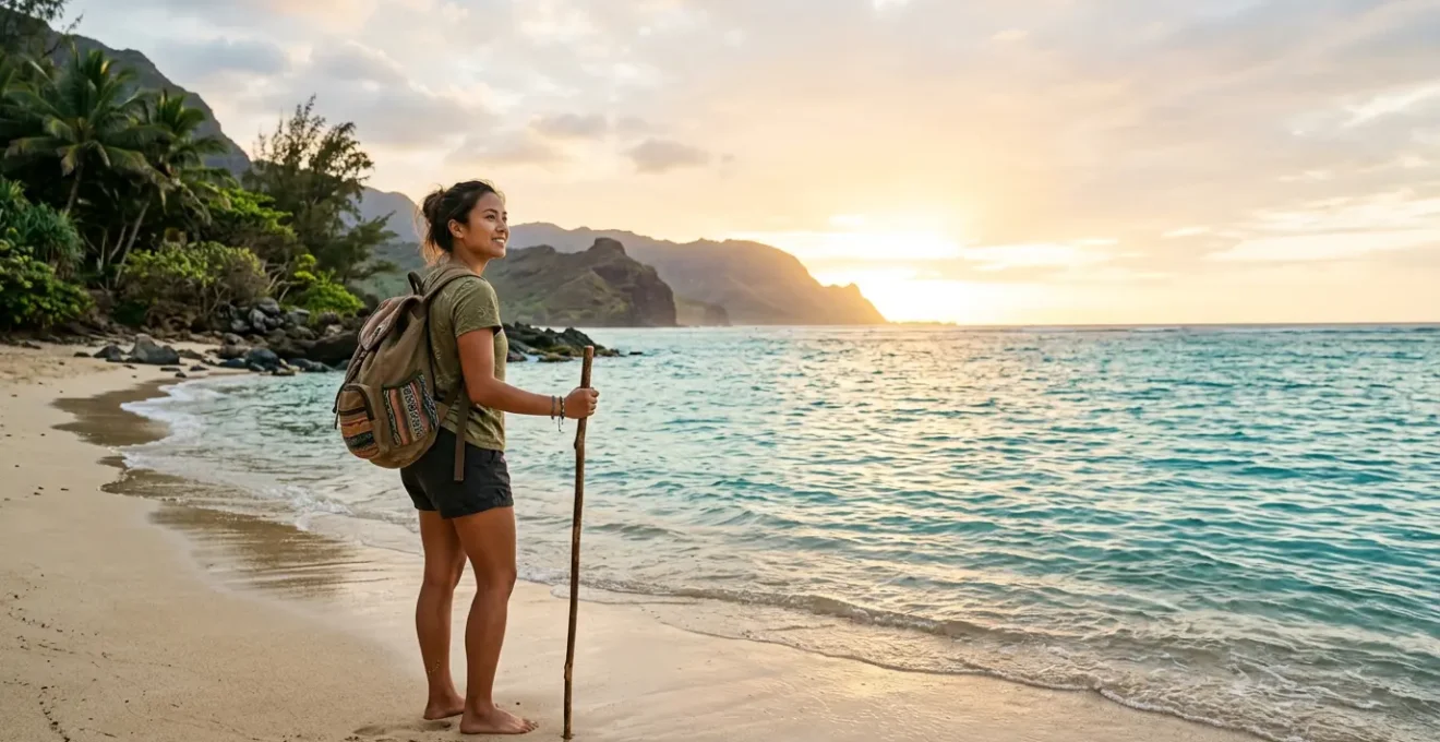 Voyageur explorant une destination paradisiaque avec son sac à dos sous un ciel ensoleillé