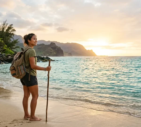 Voyageur explorant une destination paradisiaque avec son sac à dos sous un ciel ensoleillé