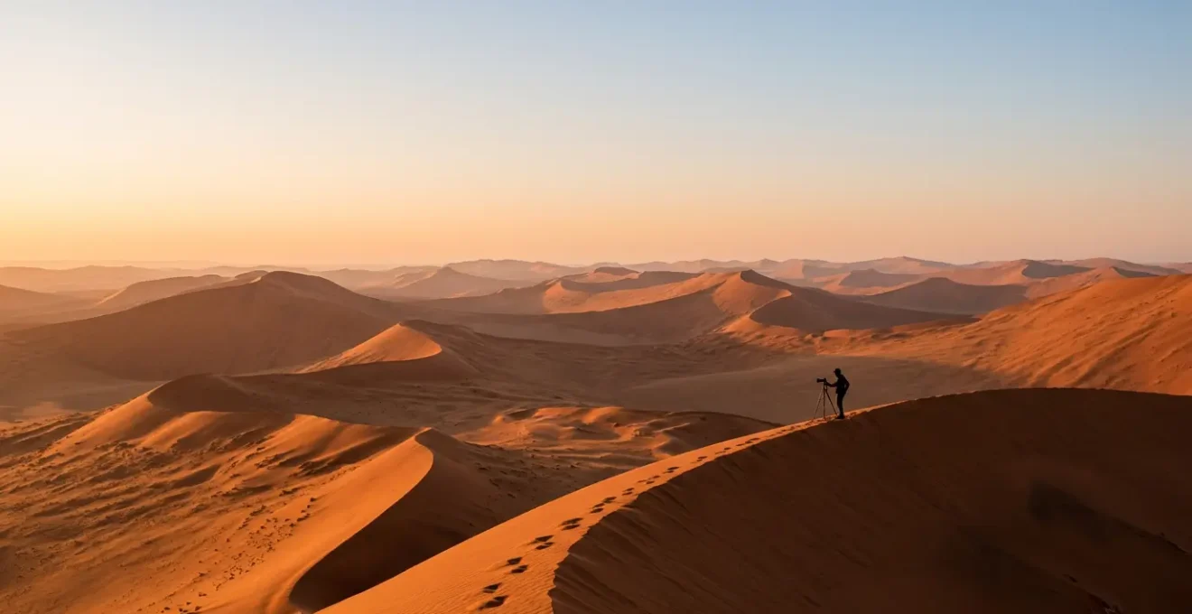 Photographe capturant les dunes rouges du désert du Namib au lever du soleil avec des ombres graphiques