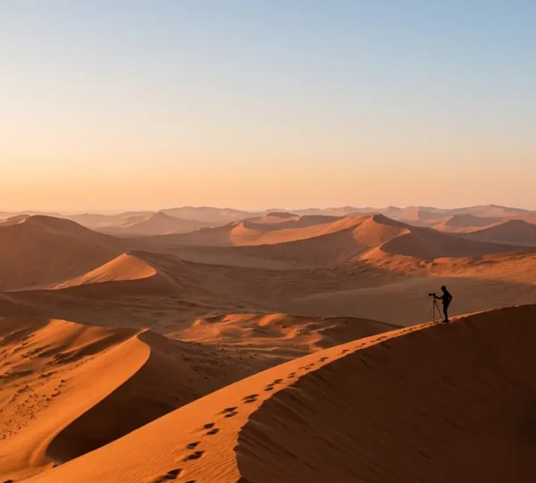 Photographe capturant les dunes rouges du désert du Namib au lever du soleil avec des ombres graphiques