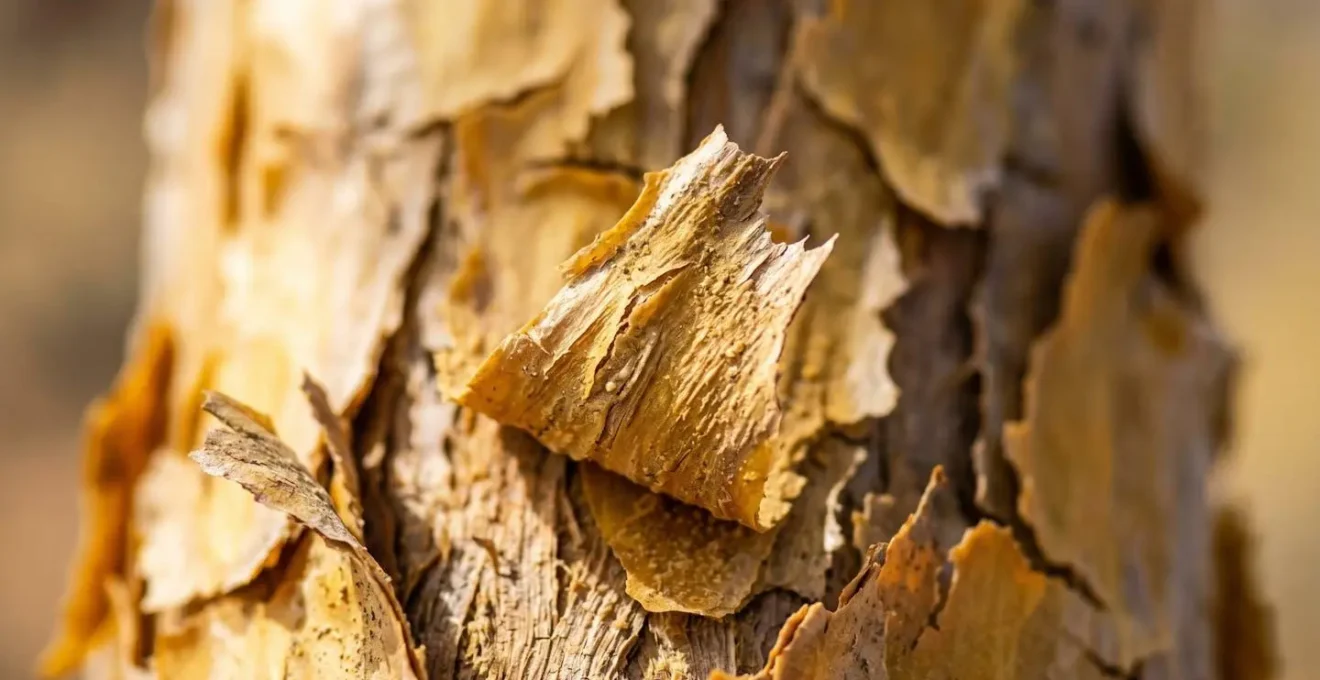 Gros plan sur l'écorce dorée et écailleuse caractéristique d'un kokerboom avec ses plaques papyracées