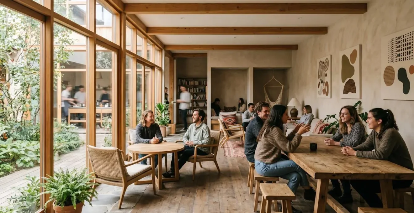 Espace commun d'une auberge de jeunesse favorisant les rencontres entre voyageurs