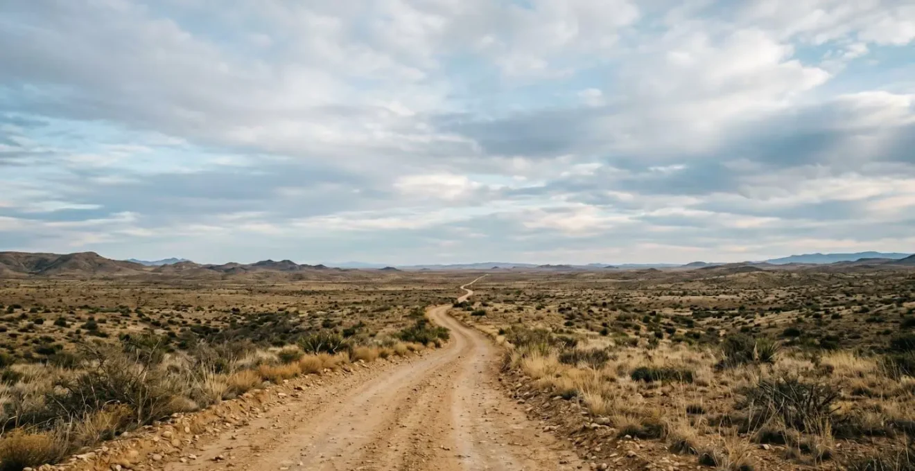 Photographie grand-angle d'un chemin de terre qui se perd dans un paysage ouvert et minimaliste, avec un vaste ciel occupant deux tiers de l'image, évoquant la liberté et l'imprévu