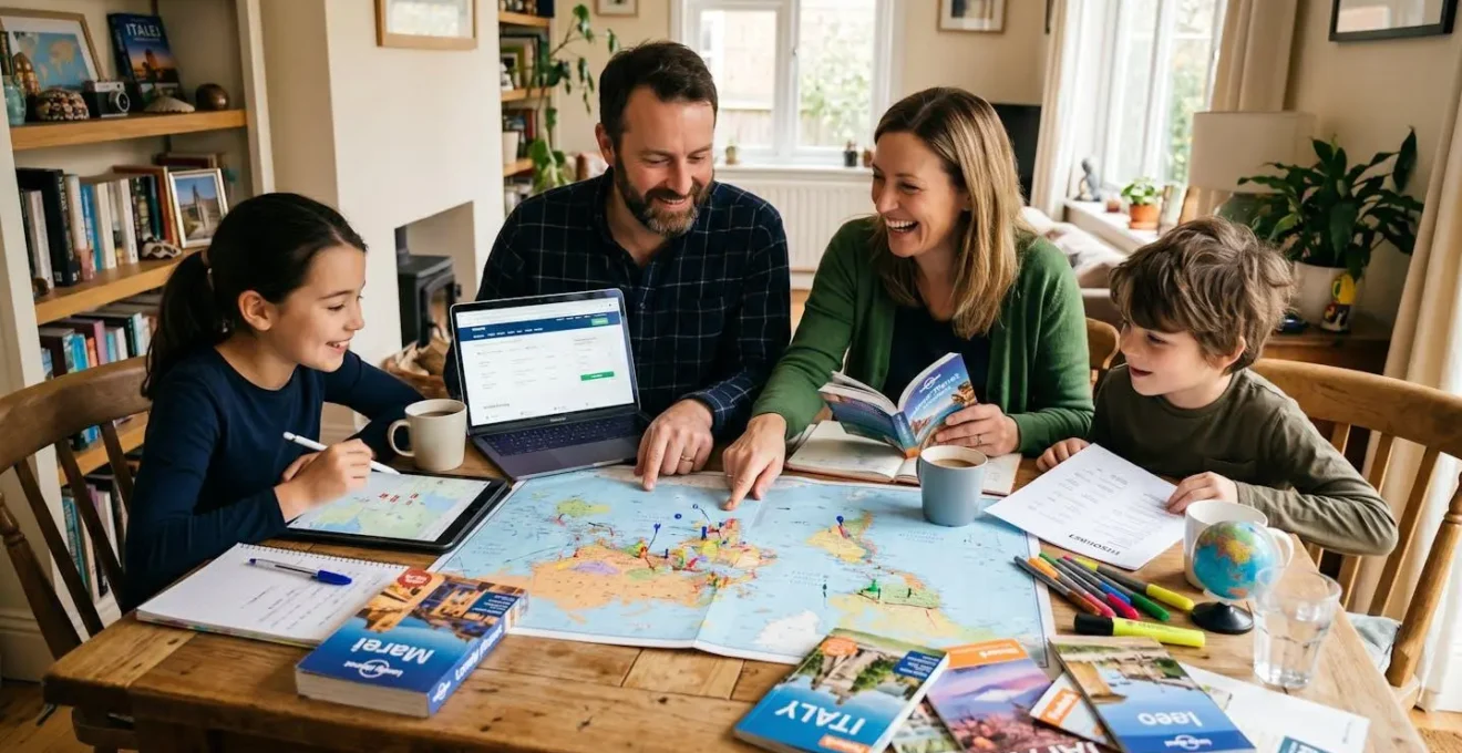 Scène montrant une famille engagée dans la planification collaborative de leur voyage autour d'une table