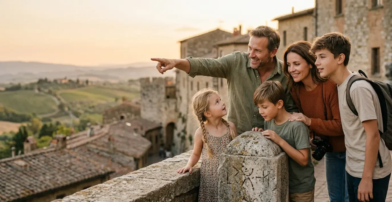 Famille en voyage explorant ensemble un lieu naturel, parents et enfants découvrant de nouveaux horizons dans une atmosphère de complicité et de partage