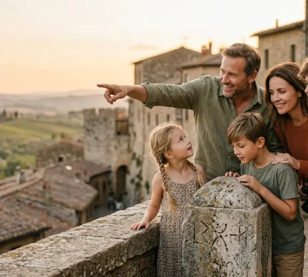 Famille en voyage explorant ensemble un lieu naturel, parents et enfants découvrant de nouveaux horizons dans une atmosphère de complicité et de partage