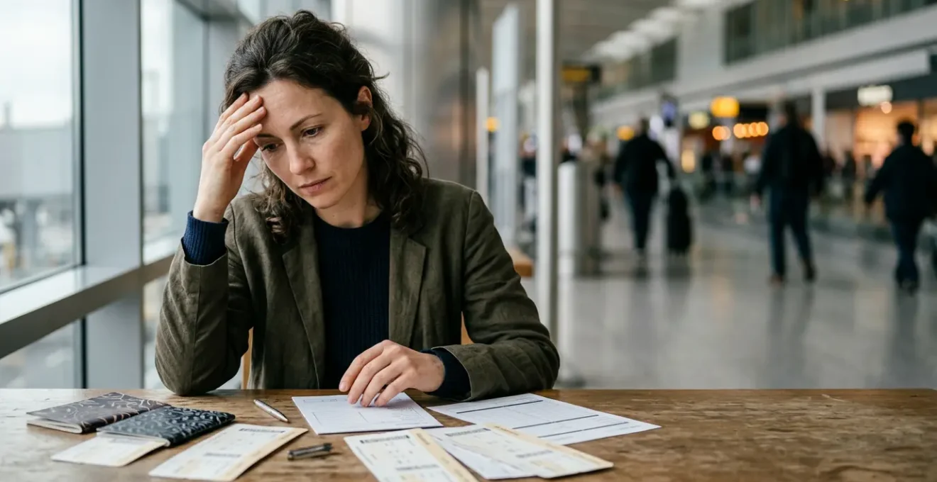 Voyageur perplexe face à des documents administratifs complexes dans un environnement aéroportuaire minimaliste
