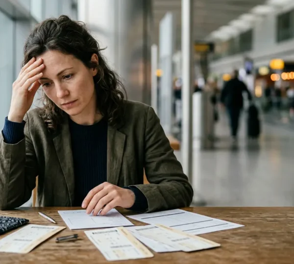Voyageur perplexe face à des documents administratifs complexes dans un environnement aéroportuaire minimaliste