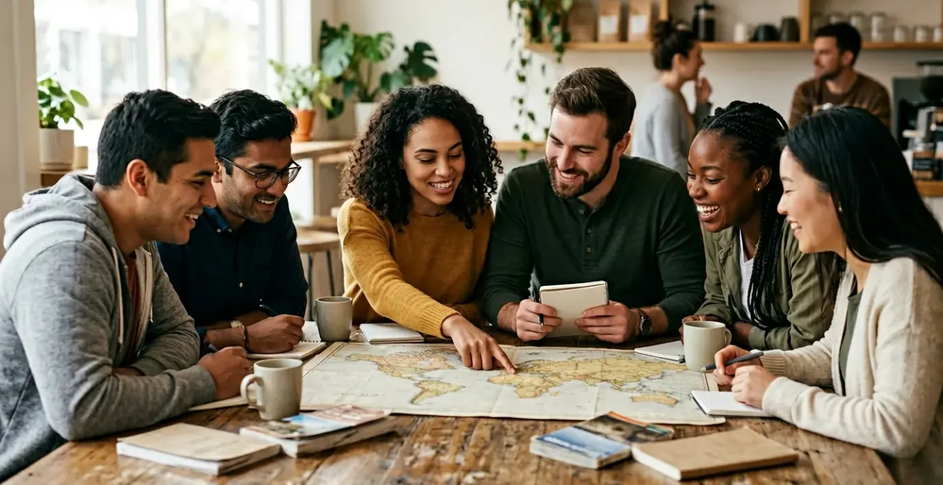 Groupe d'amis planifiant un voyage ensemble autour d'une table avec des cartes et carnets
