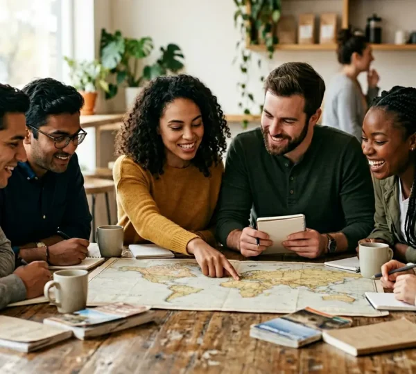 Groupe d'amis planifiant un voyage ensemble autour d'une table avec des cartes et carnets