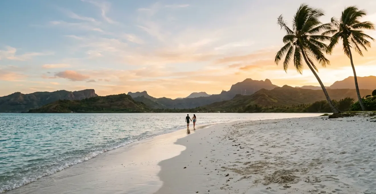 Couple marchant sur une plage tropicale déserte au coucher du soleil avec palmiers
