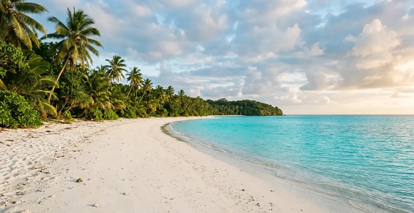Plage tropicale déserte aux eaux turquoise et sable blanc immaculé bordée de végétation luxuriante, incarnant un paradis terrestre encore préservé du tourisme de masse