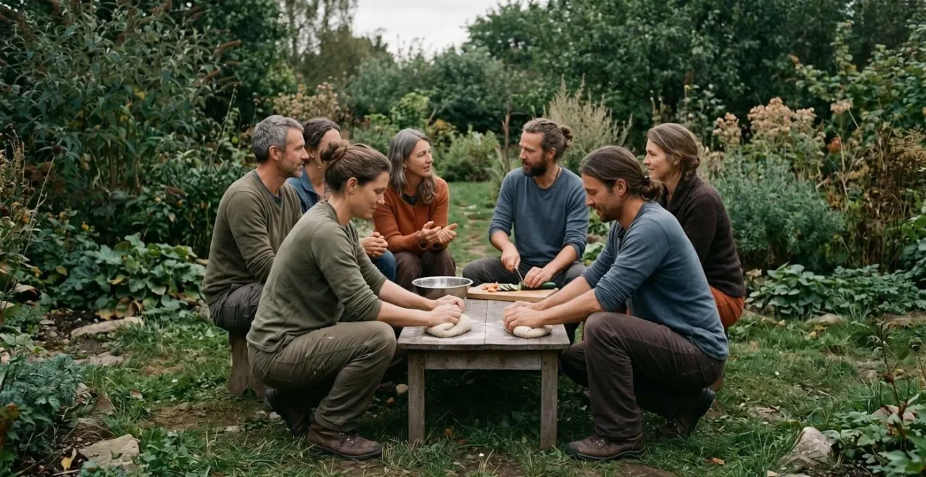 Scène illustrant l'harmonie collective et l'importance du groupe dans une culture collectiviste.