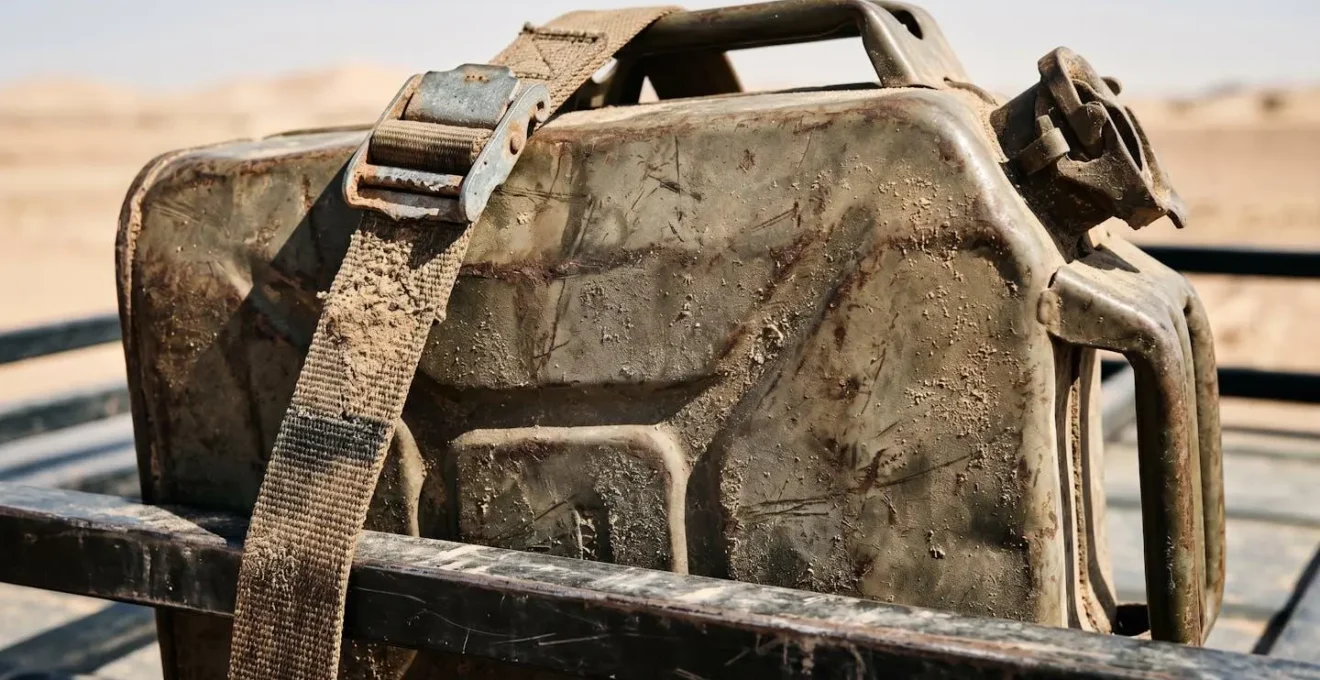 Jerrican de carburant de secours attaché sur le toit d'un véhicule 4x4 dans un paysage désertique