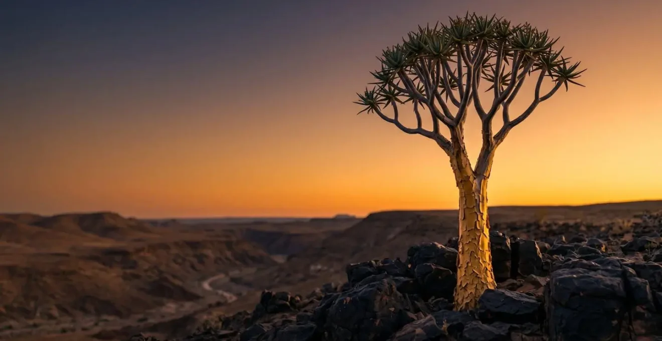 Kokerboom solitaire avec son écorce dorée se détachant sur des roches volcaniques noires au crépuscule