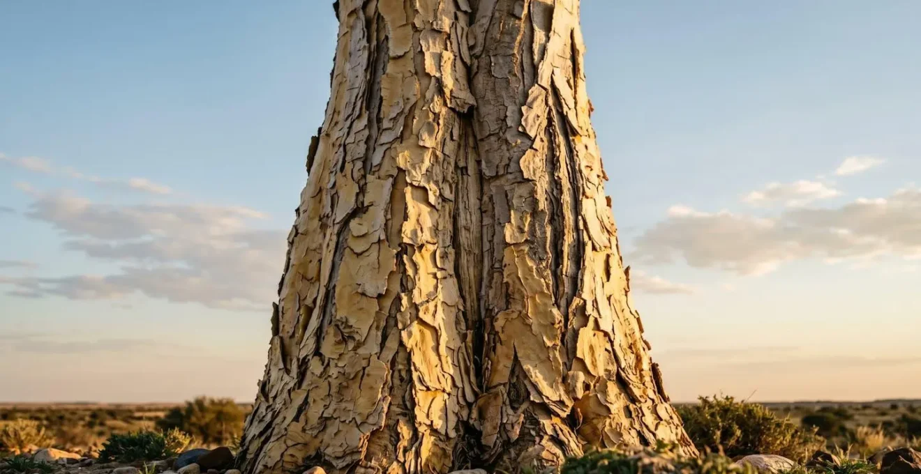 Tronc massif d'un kokerboom révélant sa structure fibreuse unique adaptée au stockage d'eau dans le désert namibien