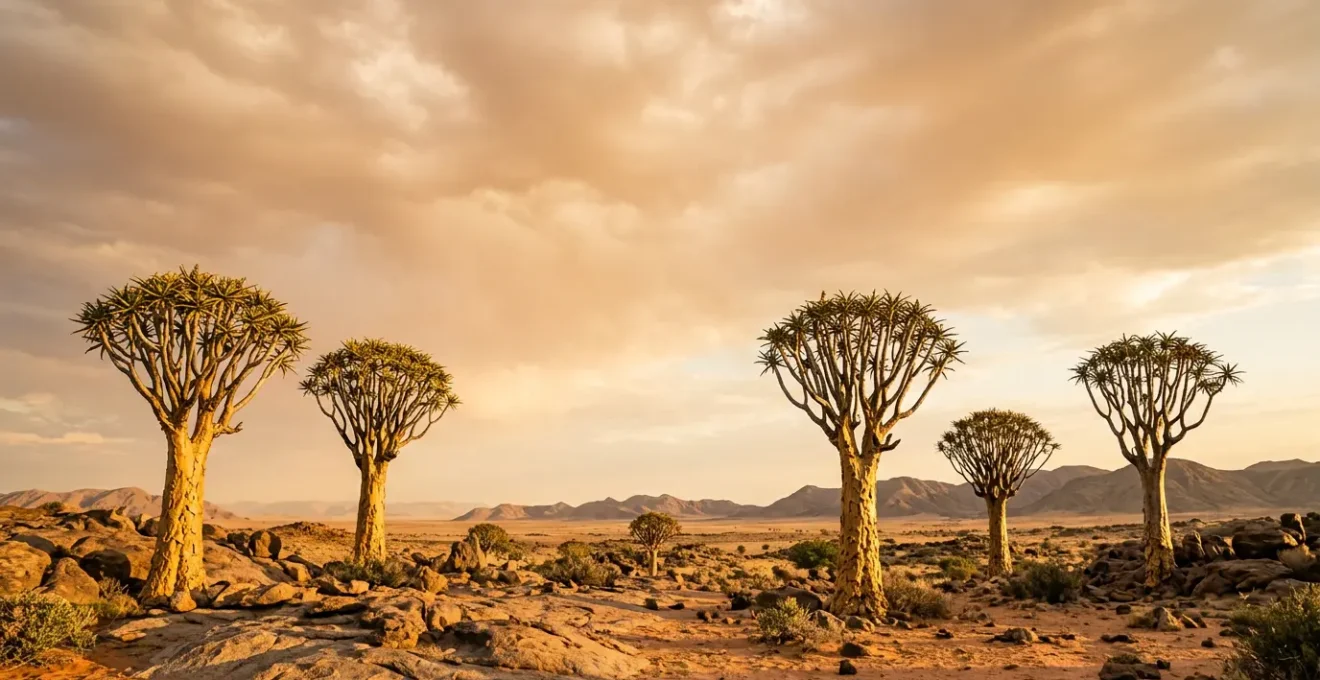 Forêt de kokerbooms centenaires dans le désert de Namibie sous un ciel crépusculaire
