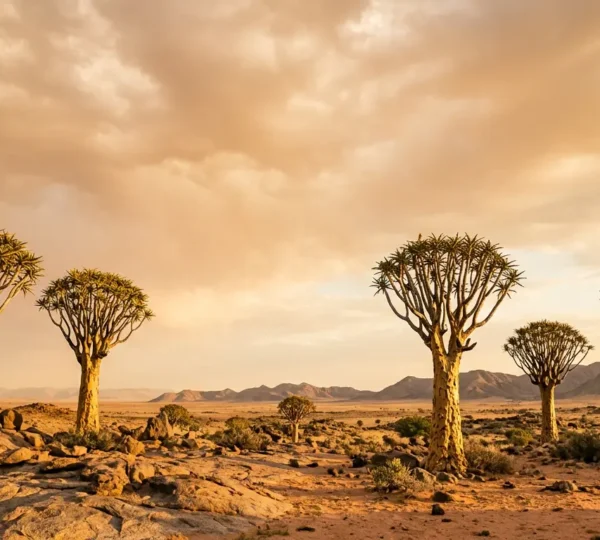 Forêt de kokerbooms centenaires dans le désert de Namibie sous un ciel crépusculaire