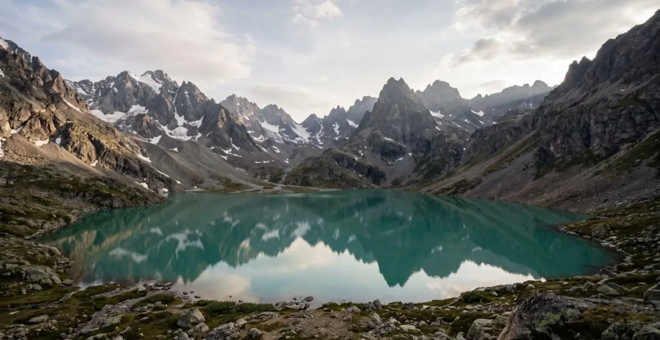 Lac de haute montagne aux eaux turquoise et émeraude entouré de sommets enneigés, illustrant les paradis terrestres alternatifs aux plages tropicales