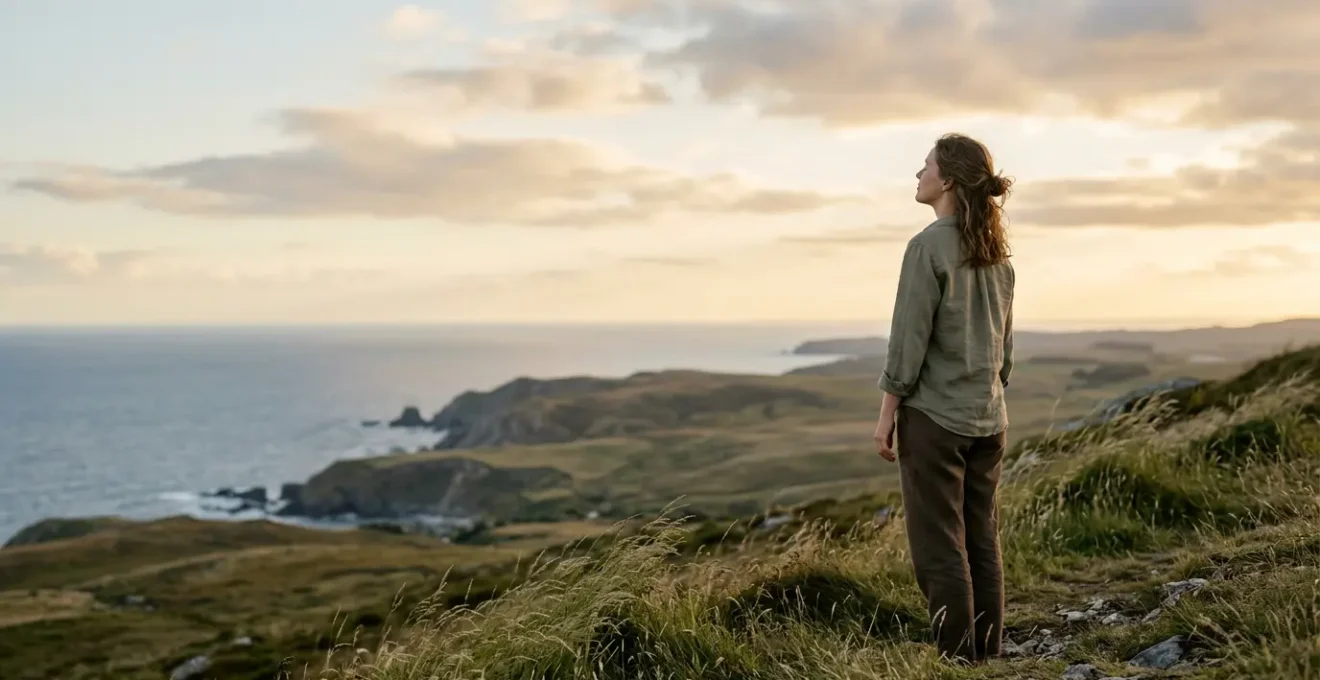 Personne sereine contemplant un paysage naturel, symbolisant le lâcher-prise en vacances
