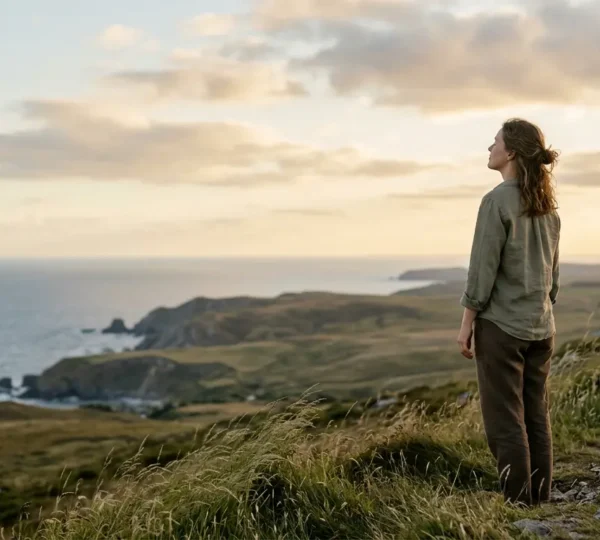 Personne sereine contemplant un paysage naturel, symbolisant le lâcher-prise en vacances