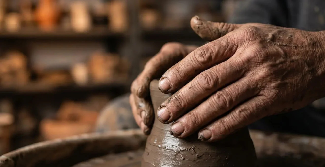 Gros plan sur les mains d'un artisan travaillant une matière première naturelle avec précision