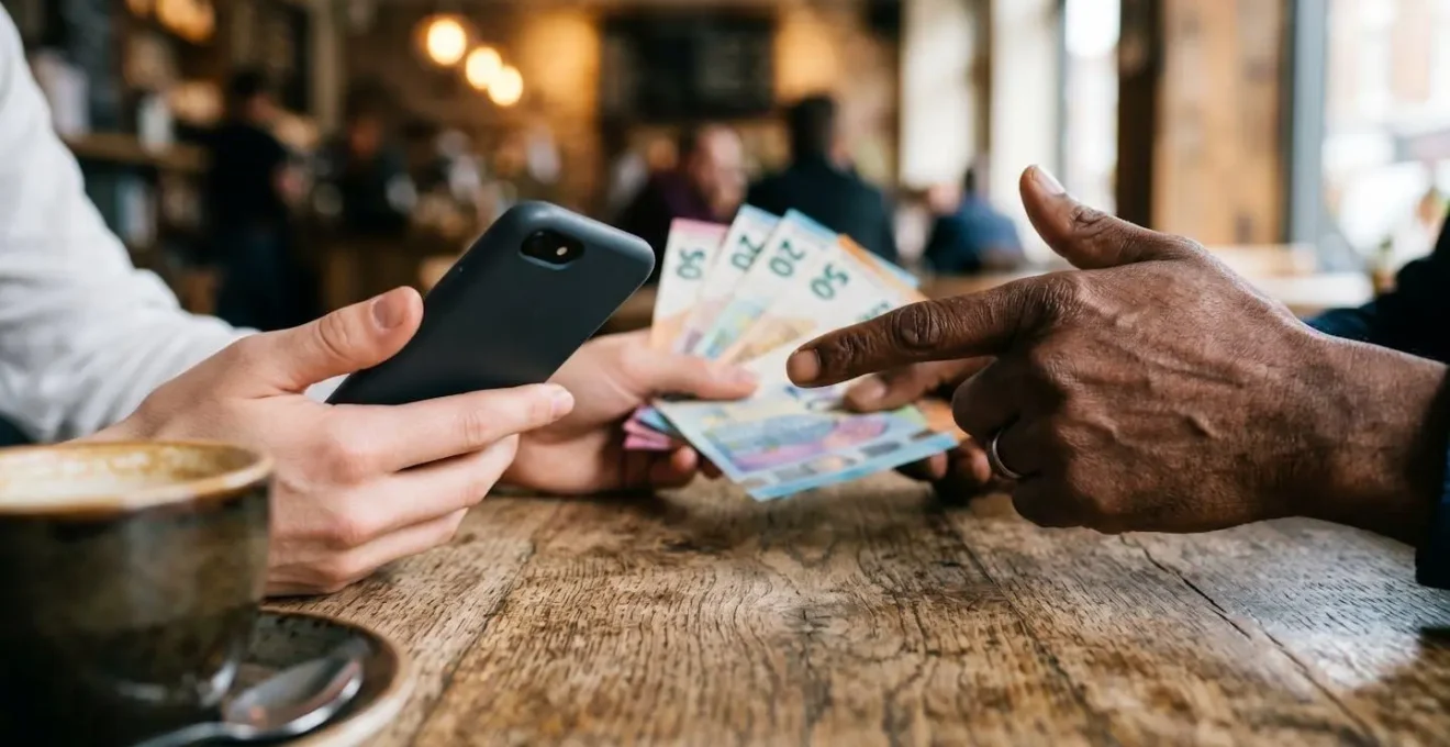 Gros plan sur des mains d'amis partageant une addition de restaurant avec smartphone et billets