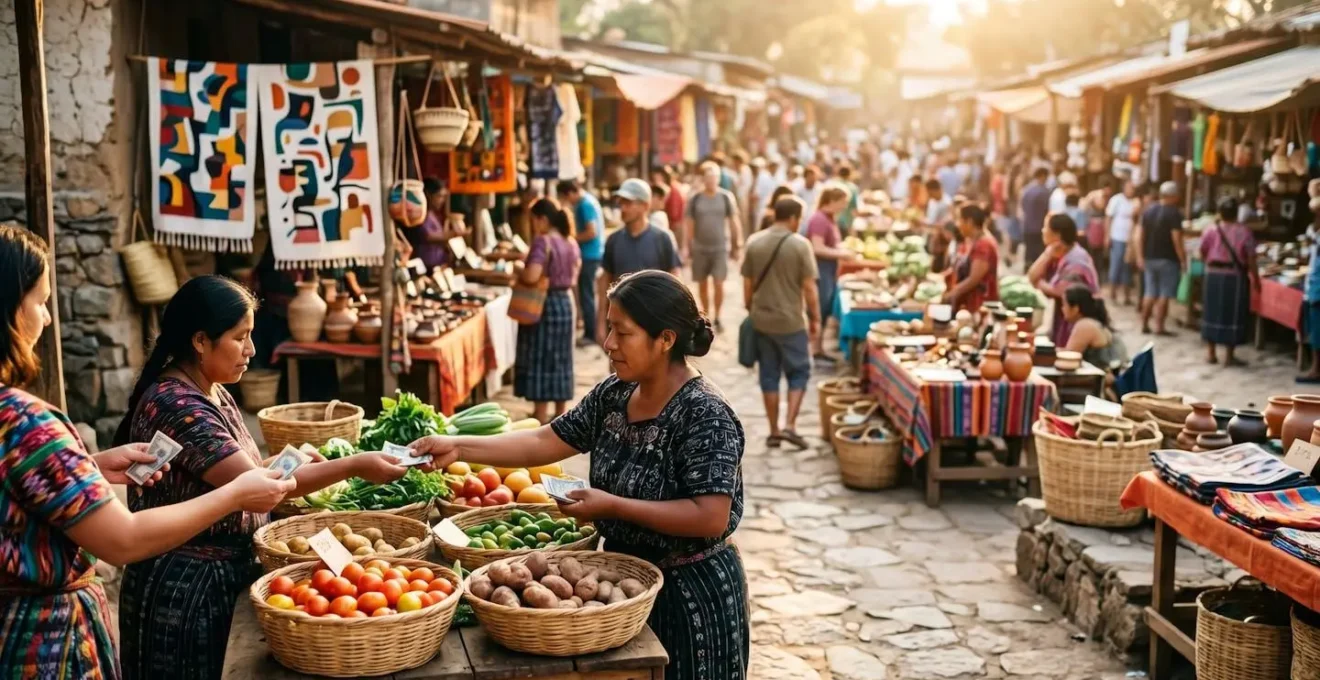 Transaction directe entre voyageur et producteur local sur un marché traditionnel, illustrant le circuit court économique