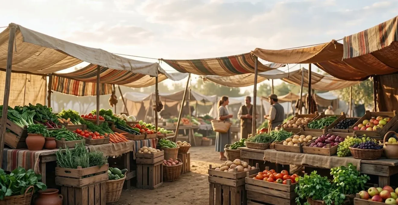 Scène matinale d'un marché de producteurs locaux avec produits frais et ambiance contemplative