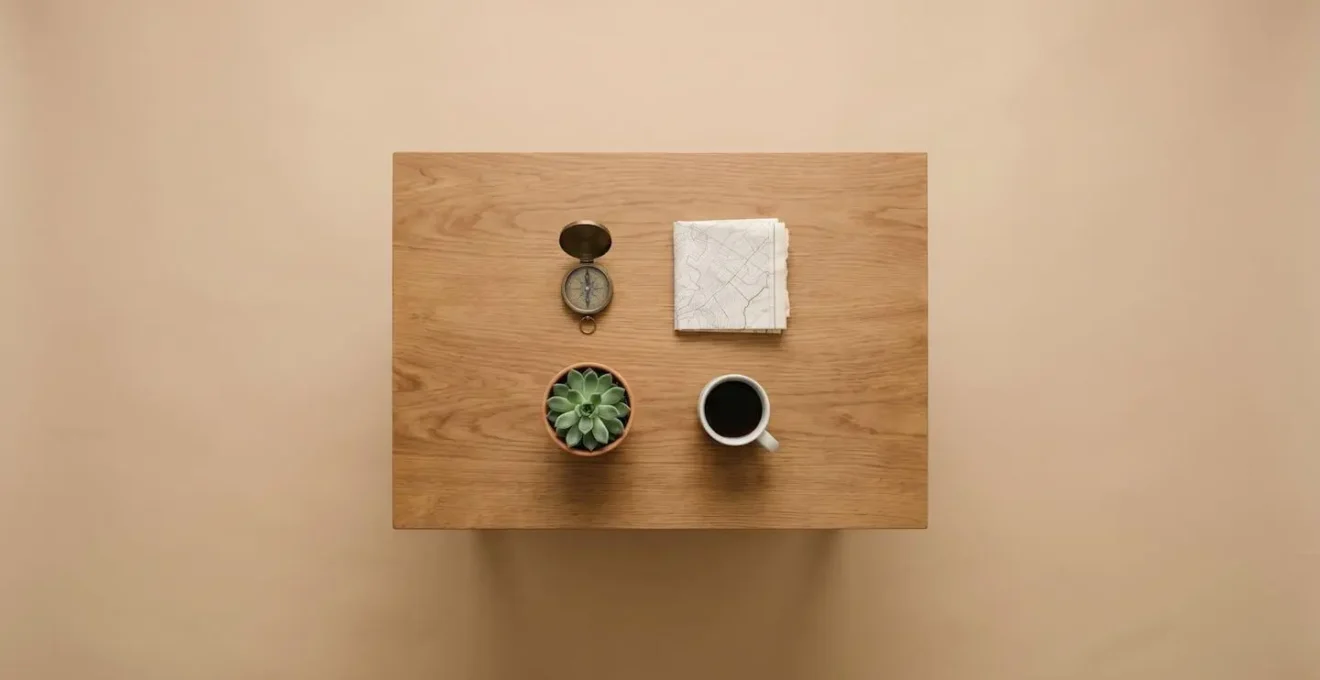 Composition abstraite et minimaliste représentant les choix de voyage avec des éléments symboliques sur fond épuré