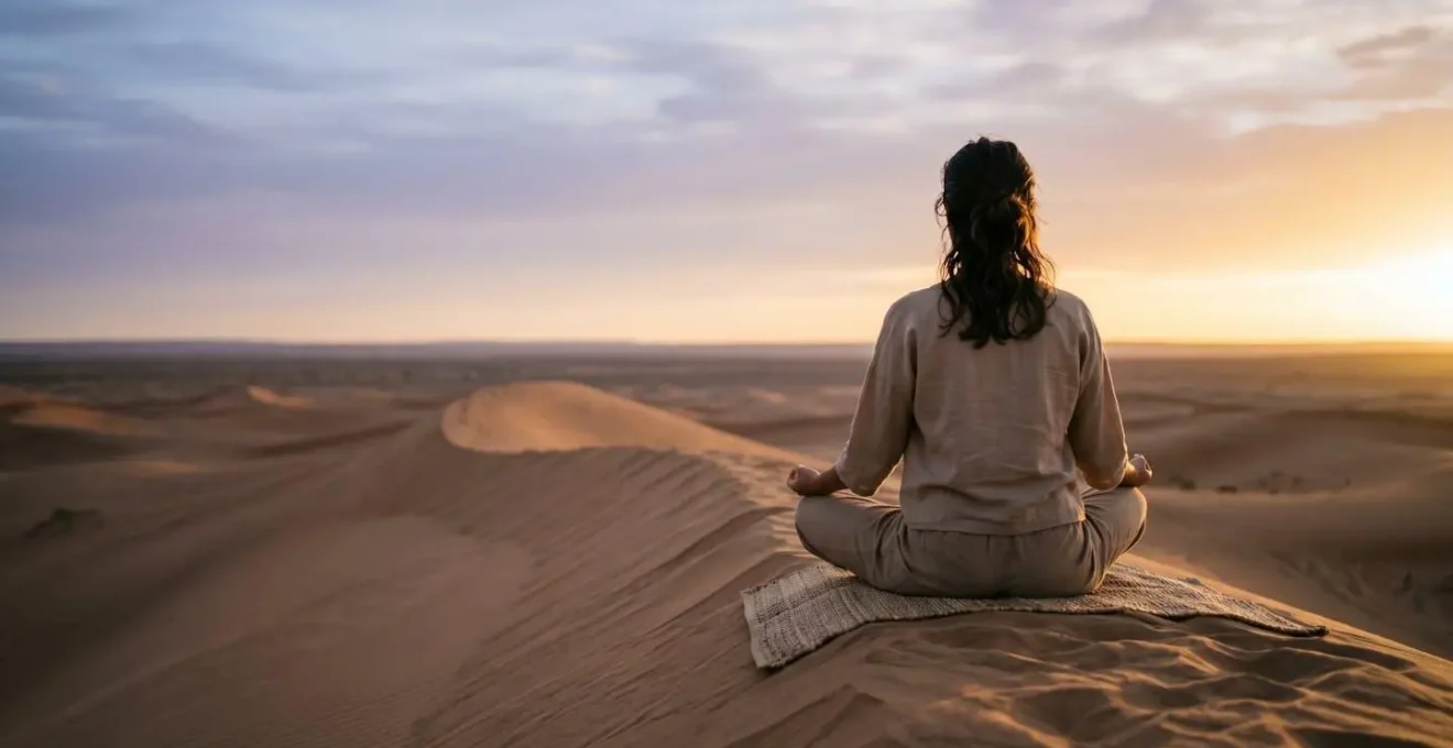 Personne assise en méditation sur une dune au lever du soleil, vue de dos avec horizon dégagé
