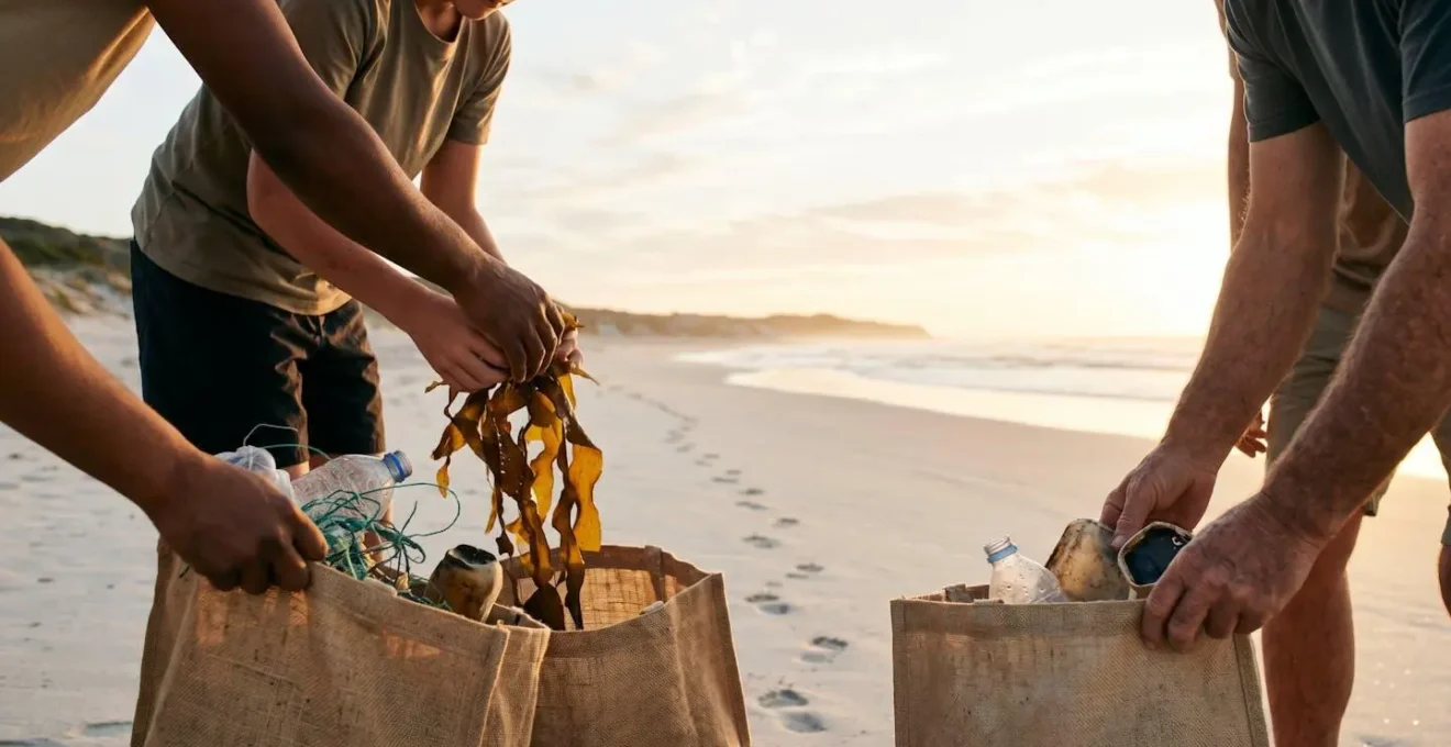 Groupe de voyageurs et résidents locaux nettoyant ensemble une plage, incarnant le tourisme régénératif